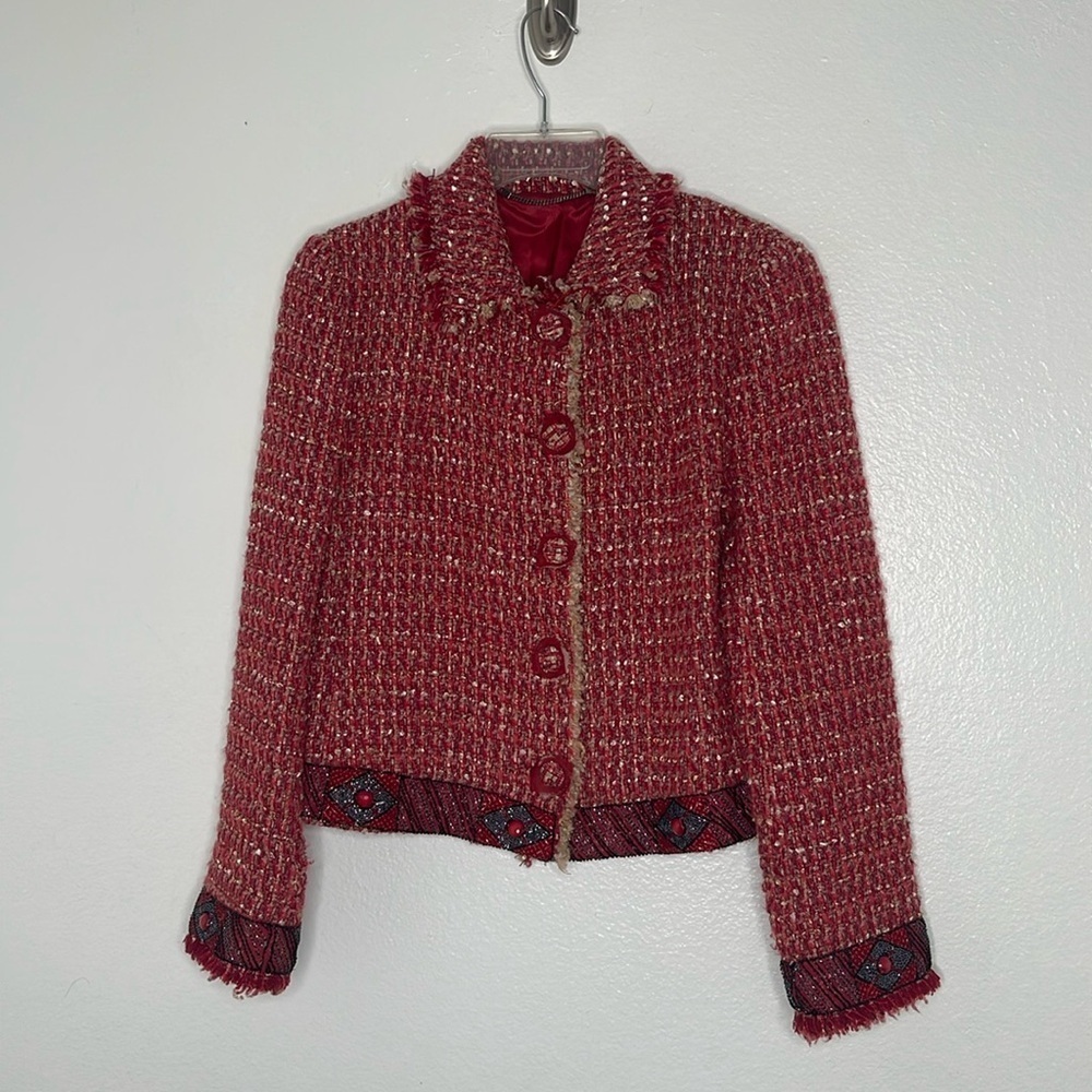 Blumarine Italy Designer Wool Blend Beaded Red Tweed Jacket EU Size 44 US 10